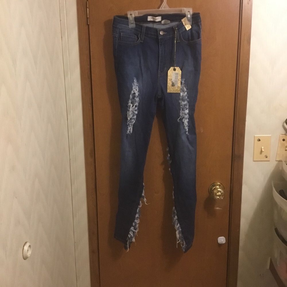 Vibrant M.I.U High Waisted Dark Wash Front Back Destroyed Skinny Jeans 11